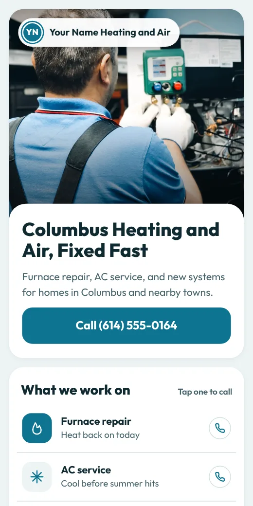Sample heating and air site for Columbus with a list of services