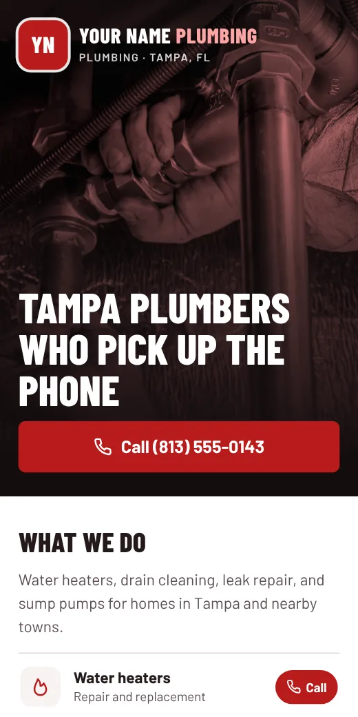 Sample plumbing site for Tampa with a red call button